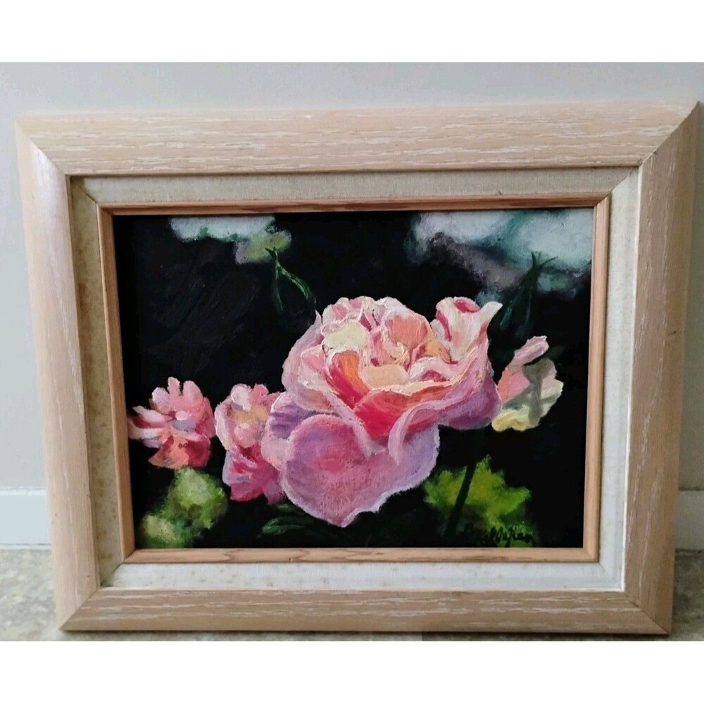 Original 1998 Rose Oil Painting Summer Rose Moody Floral Still Life Framed Vtg